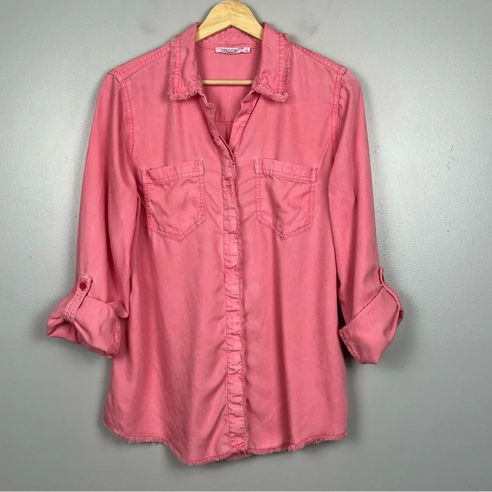 Chico’s pink 100% Lyocell fringed trim button front roll tab shirt, size 8. - Picture 2 of 11